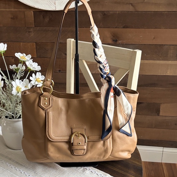 Coach Handbags - Coach Campbell Belle Tan Leather Shoulder Tote with Scarf